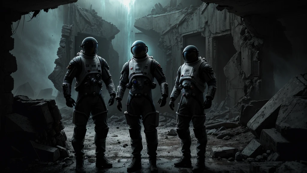 (cinematic, high resolution, 4K), evocative image of three spacemen observing the entrance to a ruined structure on an extraterrestrial planet. Dark and dark scene, feeling of mystery, focus on the subjects, photorealistic