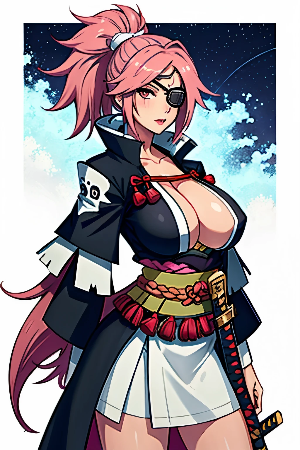 (Obra maestra:1.3),(muy detallado:1.3),(high resolution:1.1),Mejor calidad,ultra-detalle, katana,solo,jelobaiken,pechos enormes,Amputado,amputee,one arm,parche en el ojo,eye patch,tuerto,chaqueta negra,kimono ?????,ropa abierta,ropa japonesa,faja,pechos, ???????, huge breats, pink hair, pelo rosa, japon, japan, japanese city, noche, night