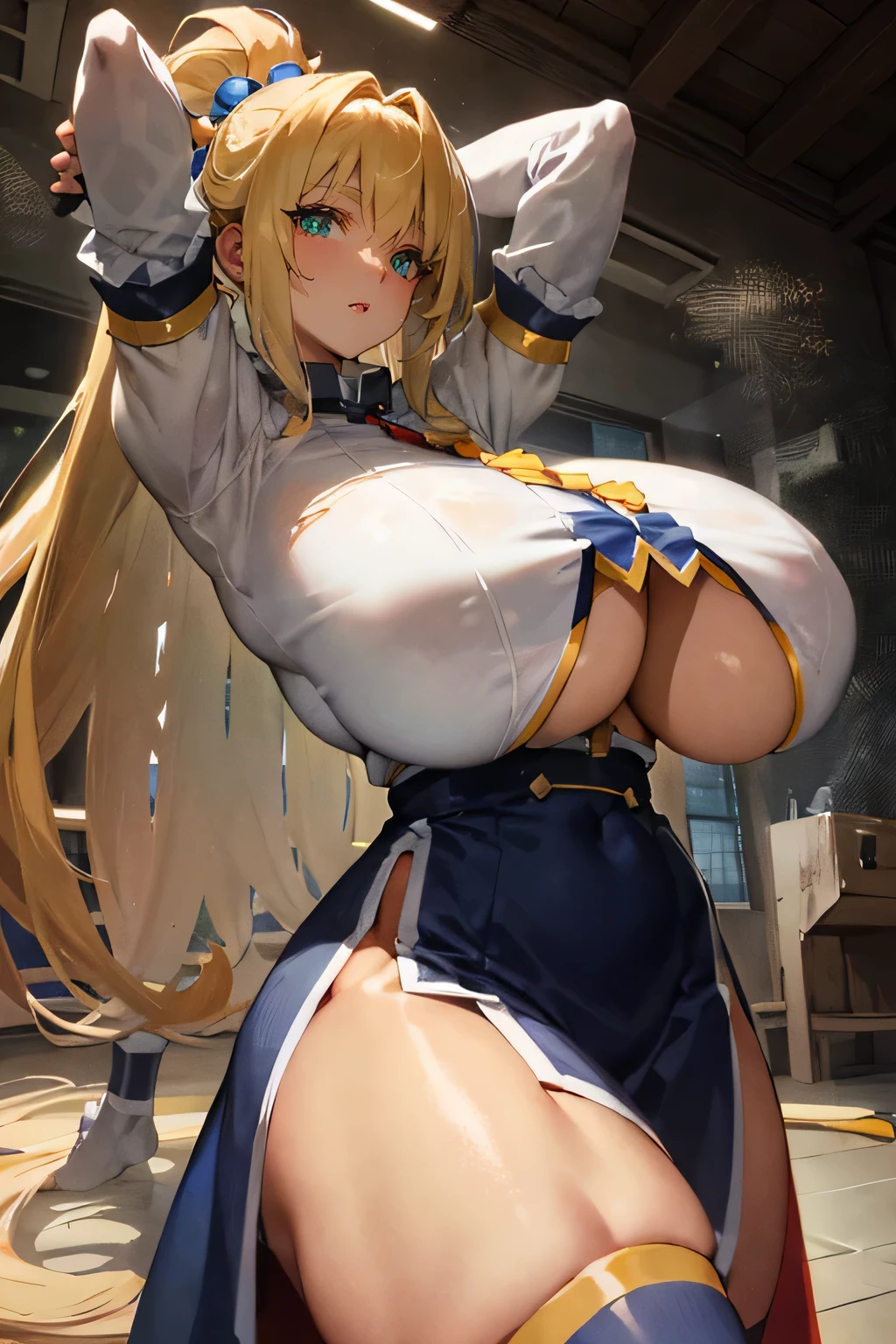 A2 Neil, Long yellow blonde hair, muscular, messy hair, ((((ridiculously big breasts))), (ridiculously huge breasts: 1.5), (huge breasts)), big, green eyes, stand up, Sarashi white breasts, Sarashi, underboob, chest bandage, arm bandage
(Extremely detailed, beautiful and detailed face, masterpiece, highest quality) volume lighting, tone mapping, (I feel disgusted), KonoSuba