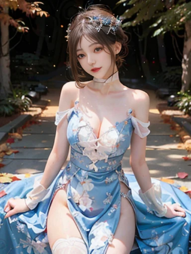 Beautiful girl with white hair and short cut blue eyes、Wearing a beautiful dress in the fall season。Her dress is、A lovely crimson color that blends in with the colors of autumn.、In harmony with the hair swaying in the wind。The dress complements her attractive body.、The figure enjoying the autumn sunshine is beautifully depicted.。She loves natural beauty、Autumn landscape background、Stand up as a confident and attractive girl。