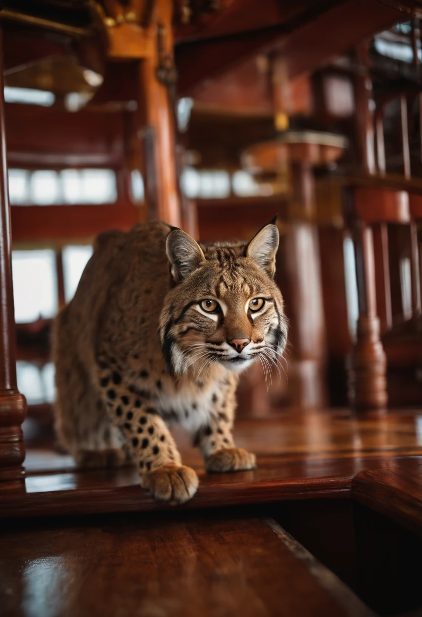 Bobcat, walking on pirate ship floor, at the main deck of ship.