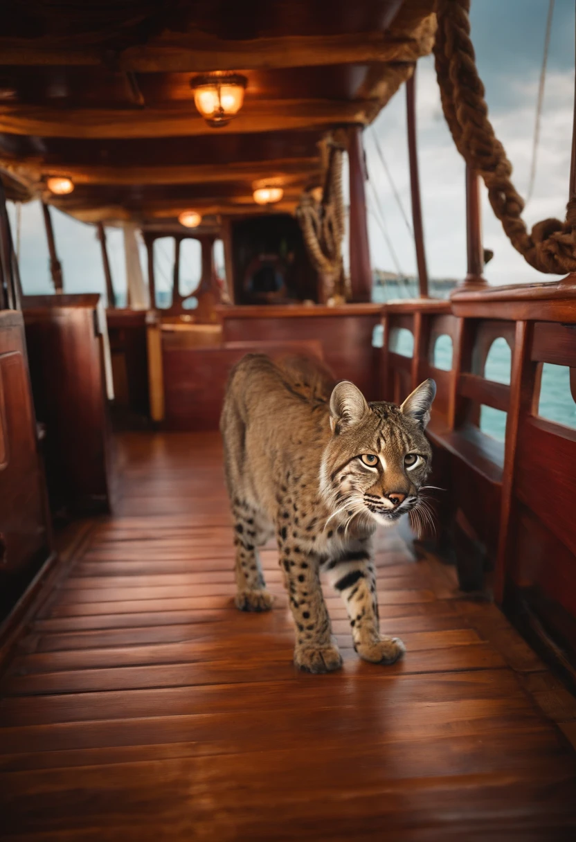 Bobcat, walking on pirate ship floor, at the main deck of ship.