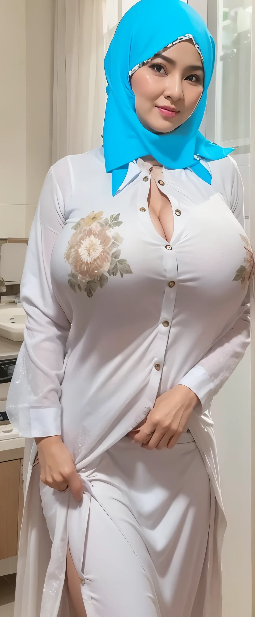 50 years Old, Hijab Indonesian mature woman, Big Tits : 66.9, Gamis, Breast out from her clothes : 1.9, at doctor office, Dark light, at Nighttime