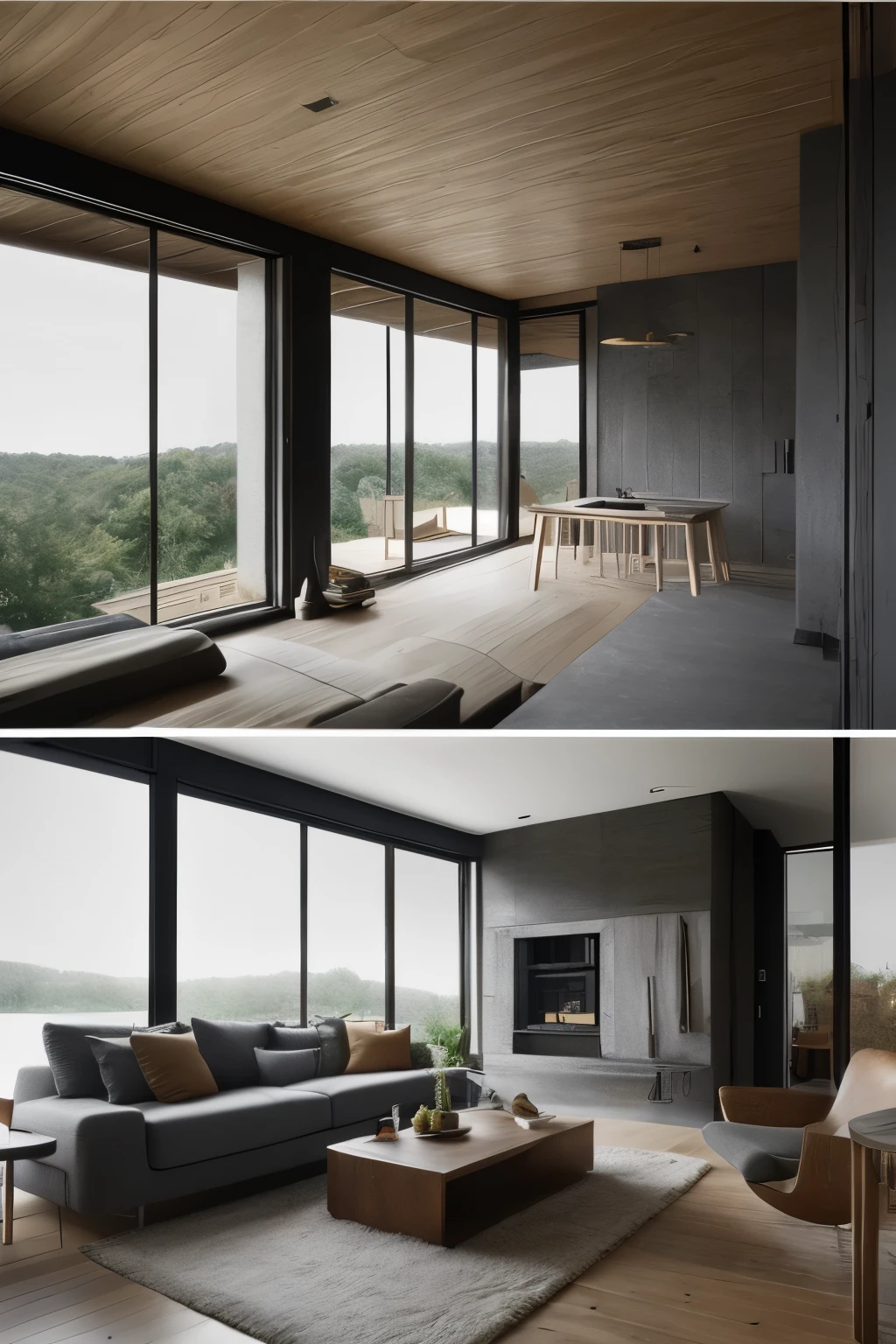 Modern luxury contemporary luxury home interiors house, in the style of mimicking ruined materials, ray tracing, haunting houses, and stone, capture the essence of nature, gray and bronze, dynamic outdoor shots, MEN