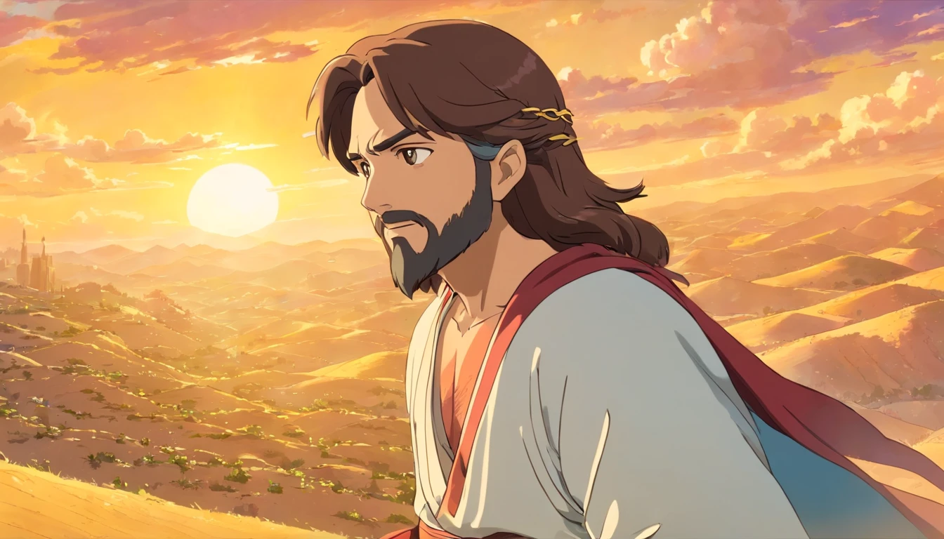 Create the image of Jesus Christ of Nazareth, barba no rosto e cabelos pretos, andando sozinho pelo deserto, front view, 32k, melhor qualidade, obra de arte, super detalhe, detalhes altos,