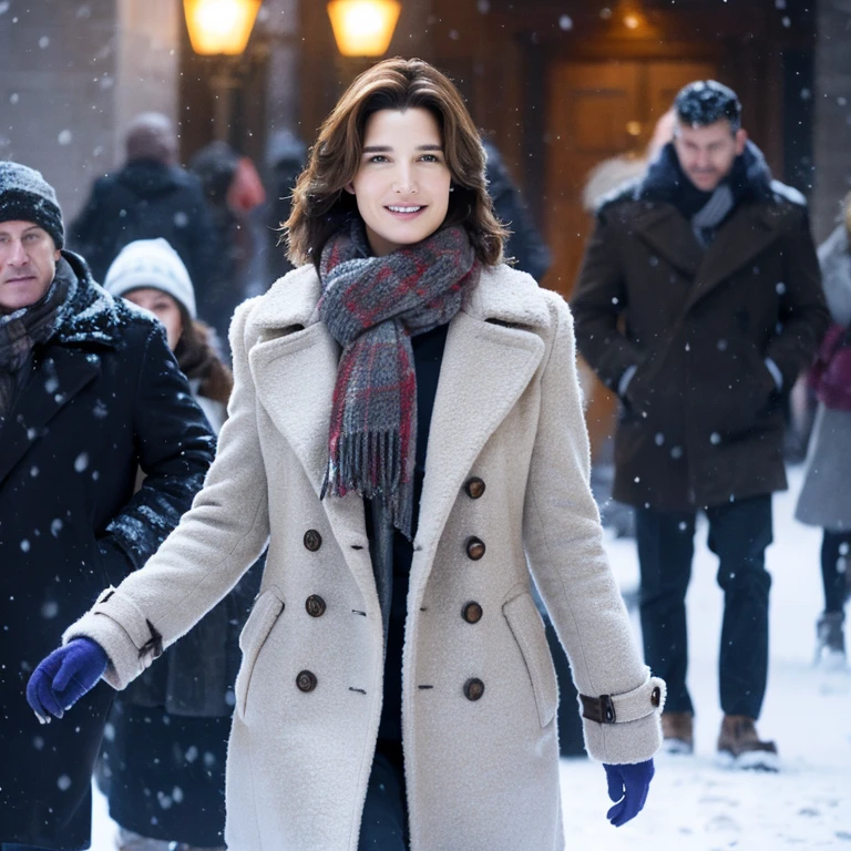 Cobie Smulders in the snow dressed in a coat and scarf