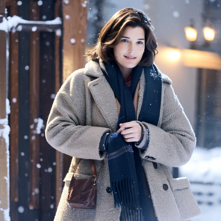 Cobie Smulders in the snow dressed in a coat and scarf