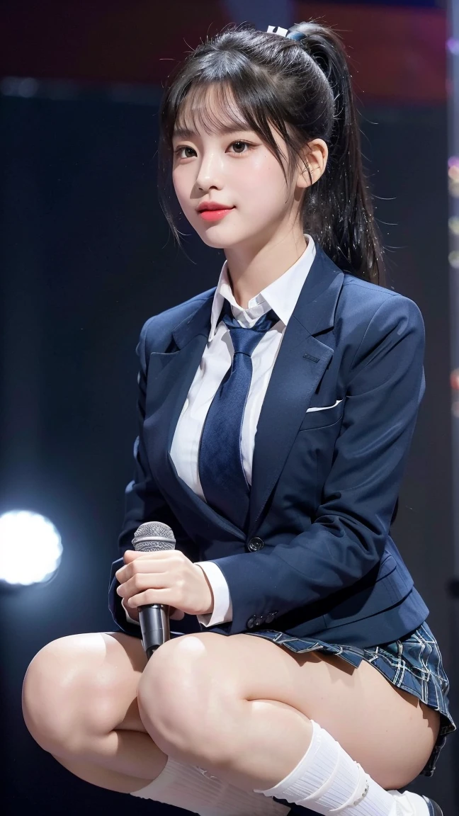 (8K), (highest quality: 1.2), (realistic), (realistic: 1.47), ultra high resolution, 1 girl, cute, smile, closed mouth, (thick lips:1.2),red lip,(Purse your mouth),beautiful details, beautiful nose,(Straight shiny black hair),(With a black ribbon on her head),(ponytail hair),Crouching on the concert stage,hold the microphone in your right hand,Bend your elbows and raise your hands,(University Student Uniform,A simple navy blue blazer,white satin shirt,tie,Tartan check pleated skirt,Loose-fitting high socks:1.2),(Close up on wet thighs:1.2),(knees),(super low angle:1.3),(medium shot),(shot from behind)