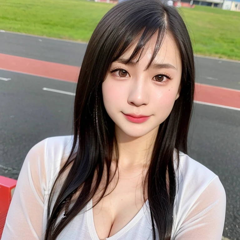 (kawaii 24 year-old Japanese girl, Nogizaka idol, Korean idol), healthy female athlete, (glossy black hair, pixie cut, very short hair, messy hair, wavy hair:1.3), (bangs), (rounded face, single eyelid, no makeup, soft smiling:1.2), (wearing track jackets:1.3), flat chest, (looking at viewer:1.2), BREAK, (track and field background:1.3), (dynamic angle:1.3), BREAK, (masterpiece, best quality, photo realistic, official art:1.4), (UHD, 8K quality wallpaper, high resolution, raw photo, film grain, golden ratio:1.2), (shiny skin), professional lighting, physically based rendering, award winning, (perfect anatomy, highly detailed skin textures, extremely detailed face and eyes, well drawn glittering pupils), Carl Zeiss 85 mm F/1.4, depth of field, 1girl, solo,