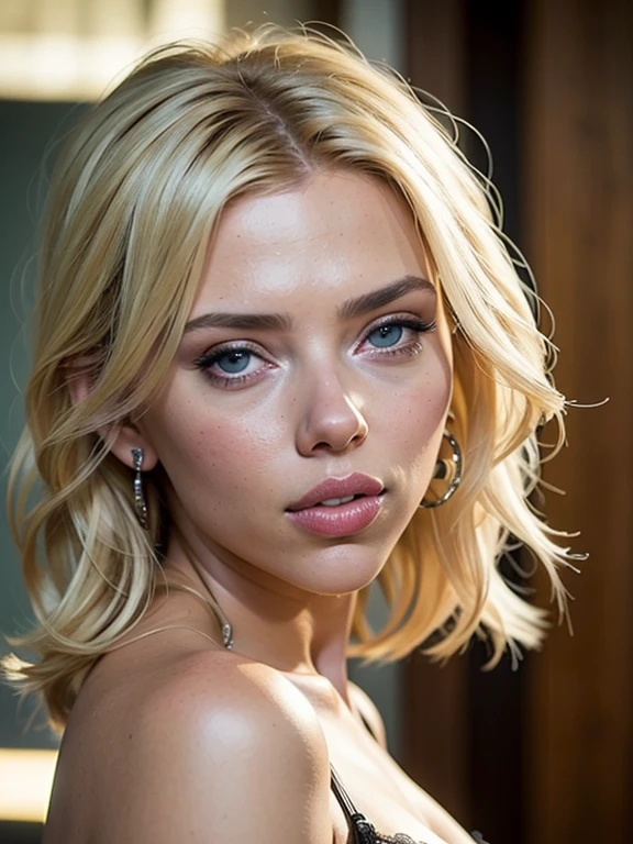 best quality, extremely detailed, hyperrealistic, photorealistic, Scarlett Johansson face, detailed blond hair, oiled skin, lingerie, look towards the viewer, full body, small head