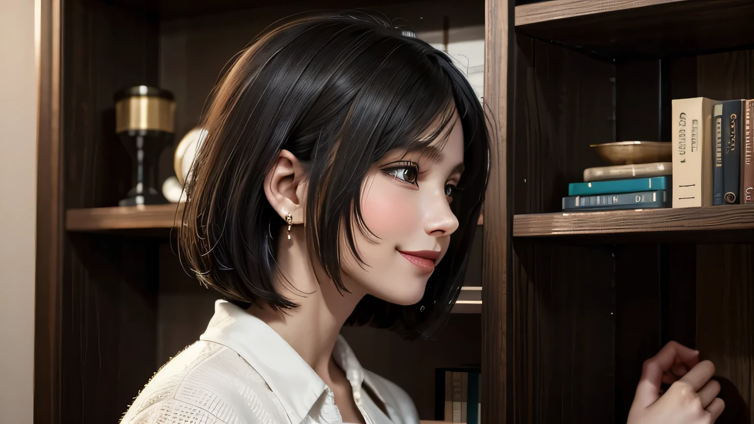 A 25 years old american caucasian woman seen in profile, sporting a black bob haircut. Her earrings are small and discreet, complementing her small nose is engaged in organizing her bookshelf looking to the shelf and not looking to the camera. The task is performed with a serene smile, indicating her newfound enjoyment in what used to be mundane chores, symbolizing the shift in her perception of fun.