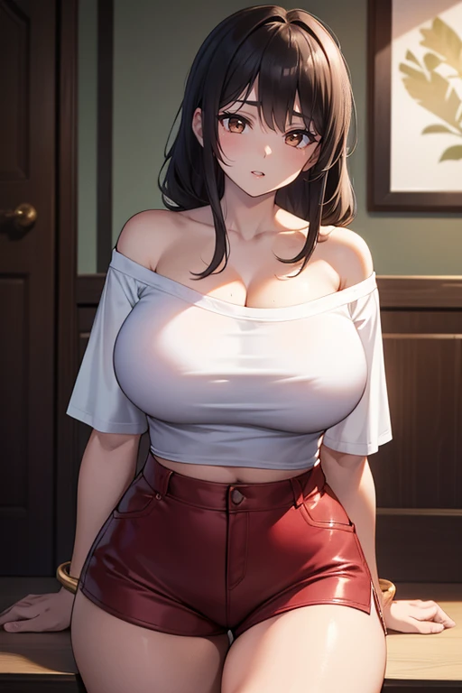 (Ultra Masterpiece), Best quality, OverDetailed, Ultra-Detailed, Digital Art, Detailed Face, (18K++, HD+), (Hyper-Detailed Eyes:1.3), (Absurdres:1.3), (Skindentation: 1.2), (Realism: 1.25), (Best shadow: 1.25), (Anime:1.3); [Expressive eyes, /(Kuudere face)/, /(Kuudere looks)/, (Perfect face++), (seductive beauty+), Plump Gyaru, Huge breasts, Very curvy, (dark hair), Long messy hair, Bracelets, Beautiful hairstyle, (amber eyes), Full lips, (emotionless face, cold expression, smiling), cute looking face, very cute], (beautiful character design+), At home; /(Clothes details)/, Professional photo, [(Toned legs, Thick thighs), (slim waist), Big breasts, Ray tracing, (Perfect face+), Octane render, Hentai realism, good-looking t-shirt, ((white) off-shoulder t-shirt: 1.3), (open clothes), good-looking hotpants, ((red) hotpants: 1.2), (deep cleavage: 1.2), Midriff], At home, Huge breasts, Wide hips, (Shiny skin), (Very healthy body), 1 Female, (bold and assertive pose), (Very sexy+, Gorgeous woman+, young mature woman+), Facing the viewer, (Kuudere: 1.4)+