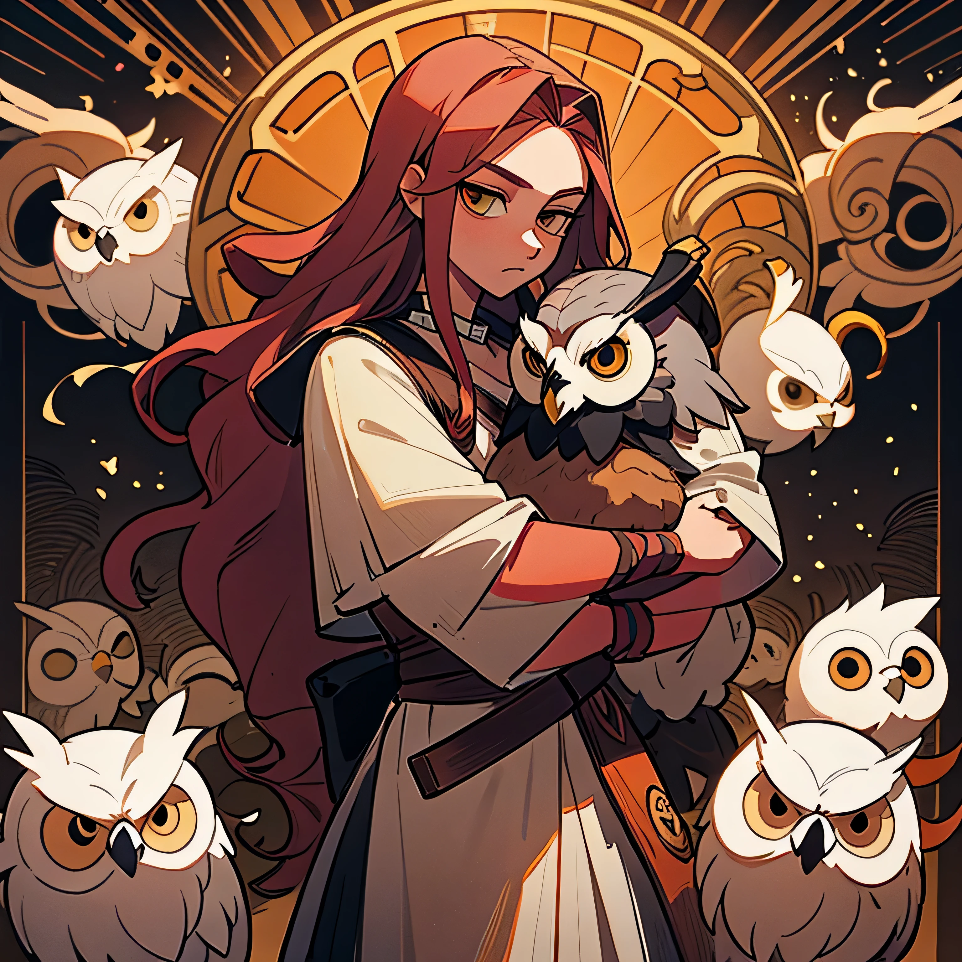 Chica armada con casco, lanza y escudo, and also with the aegis, a goat skin that covers its chest in which is the head of the Gorgon Medusa in the background a silhouette of an owl