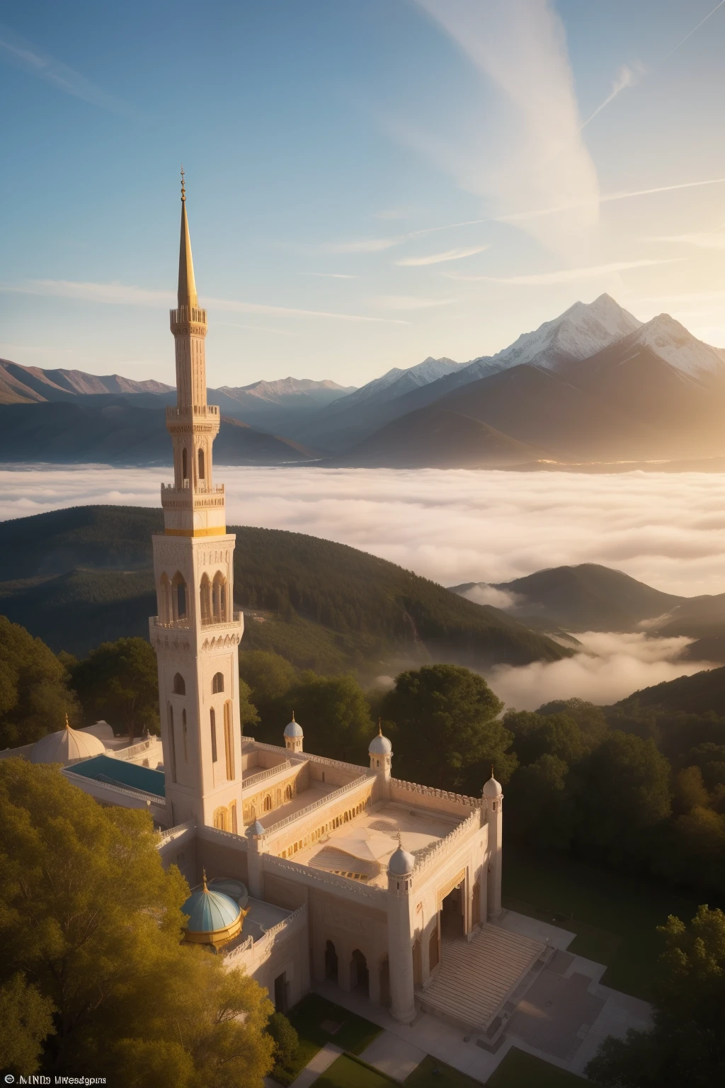 RAW, Best quality, high resolution, Masterpiece: 1.3), Beautiful masjid made of gold near mountain (iu:0.8),
Best quality, high resolution, Masterpiece: 1.3, Majestic gold masjid, Graceful architecture, Touched the clouds, Realistic, Detailed background,
8k HDR, nearby colourful tree, breathtaking scenery,
Thegolden masjid, nestled at the foot of the mountain, reached out towards the heavens, its intricate design merging seamlessly with the fluffy clouds above. The sunlight reflecting off its magnificent surfaces illuminated the area, casting a warm, golden glow