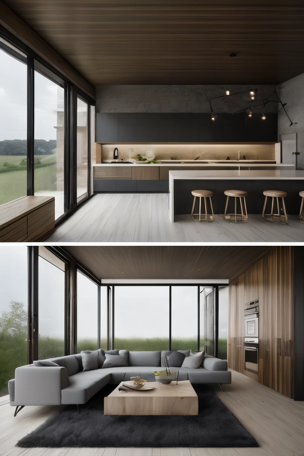 Modern luxury contemporary luxury home interiors house, in the style of mimicking ruined materials, ray tracing, haunting houses, and stone, capture the essence of nature, gray and bronze, dynamic outdoor shots, MEN