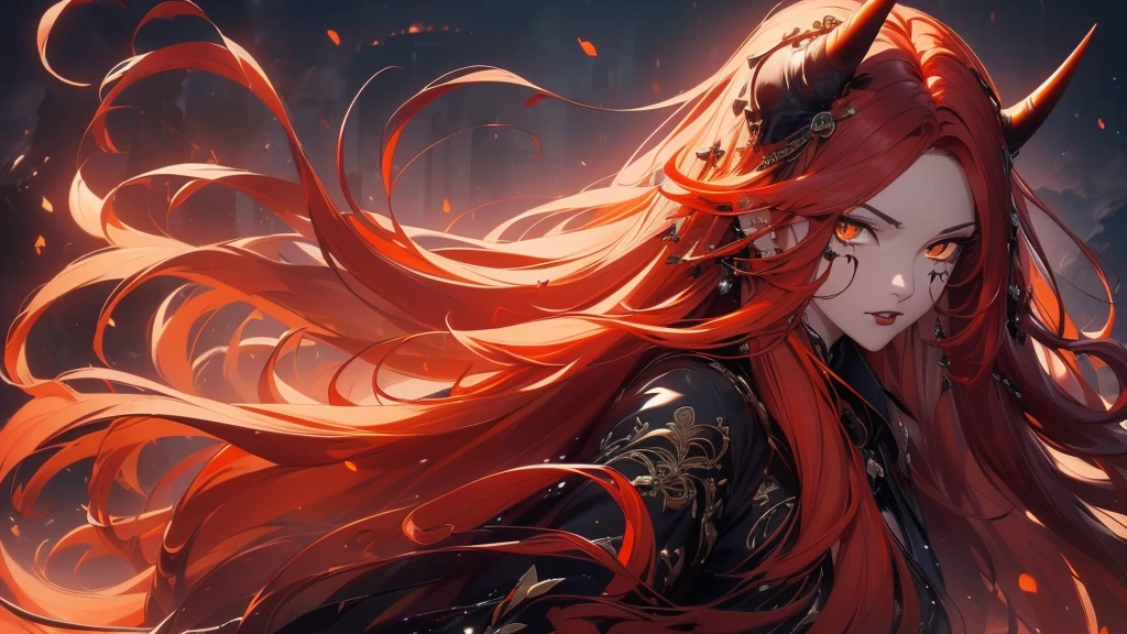 (best quality,4k,highres,masterpiece:1.2),ultra-detailed,realistic:1.37, portraits, (((long flowing red hair))), beautifully fair skin, black outfit, (((piercing orange eyes))), sensual pose, ((subtle black spots, mysterious aura, monochromatic colors)), mature woman, ((black horn))