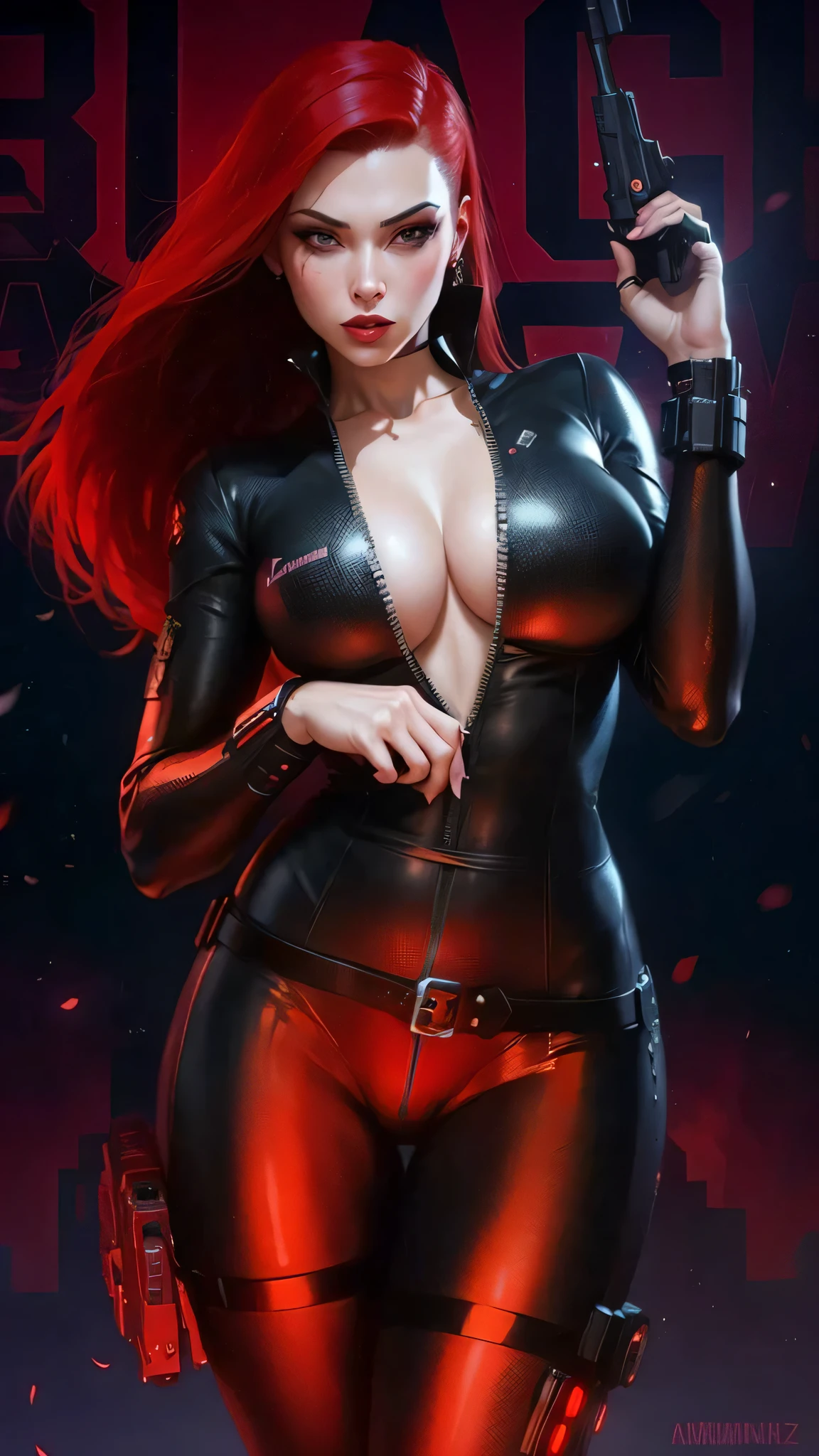 a woman in a black Widow outfit holding a gun, ruiva feminina cyberpunk, black Widow, Preto e vermelho, vermelho e preto, villain, morena natasha, mulher fatal cyberpunk, Lilith, fantasia sombria cyberpunk sedutora, assassina vermelha feminina, vermelho em preto, por Zoltan Boros, por Eddie Mendoza, cyberpunk judy alvarez, amouranth como um super villaino