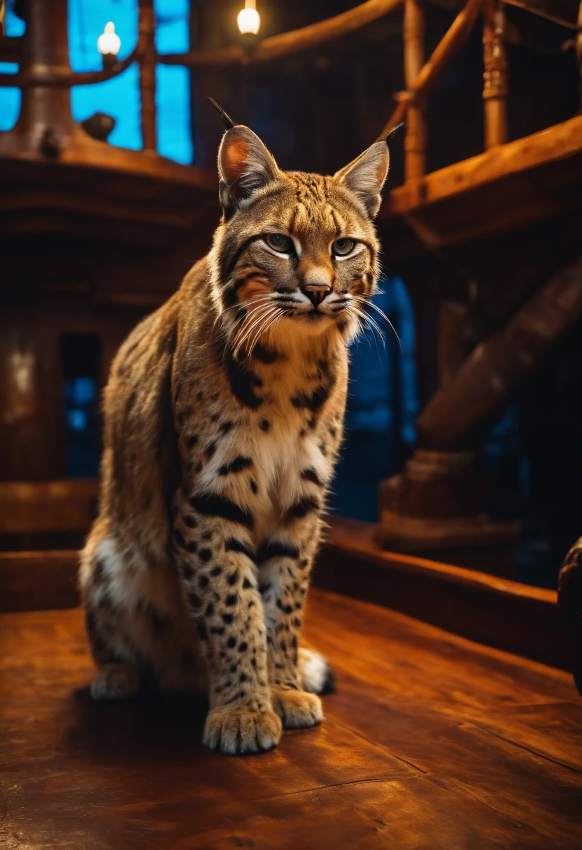 Bobcat, walking on pirate ship floor, at the Captain quarters.