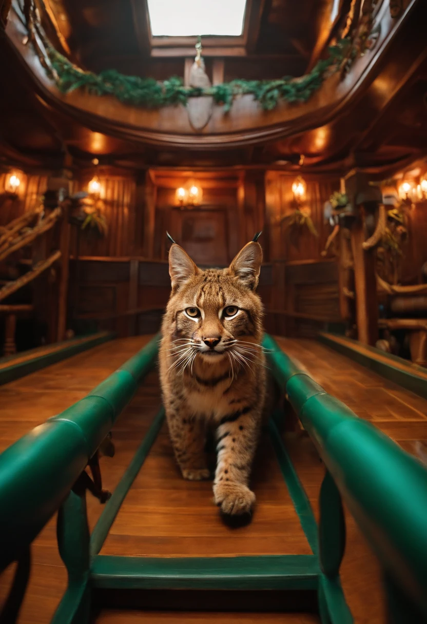 Bobcat, walking on pirate ship floor, at the Captain quarters.