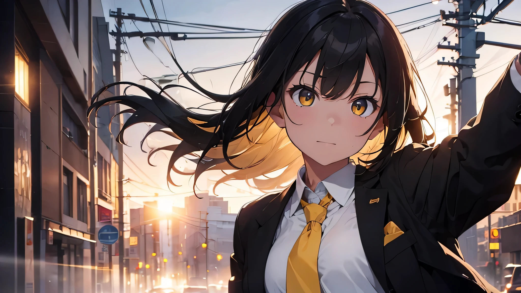 (best quality,8k,highres,masterpiece:1.2), movie-like lighting, beautiful delicate glow, perfect style,dark intense shadows, yellow eyes, medium hair, black hair, bangs, flowing hair, black jacket, open jacket, white shirt, yellow tie, black skirt, spotlight, lens flare, 9 head figure, betrayed expression, ruthless background, close-up shot, handgun in right hand