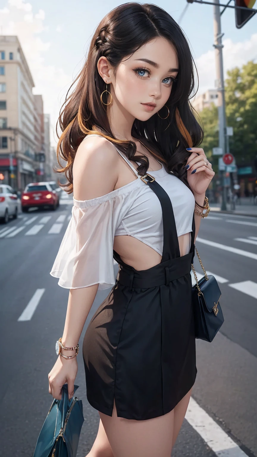 (最high quality, 8K, masterpiece: 1.3, Ultra HD, high quality, 最high quality, High resolution, realism)) 、25 year old white woman、brunette、blue eyes、long hair、smile、slender、slenderだがアスリートのような細マッチョ、I don't want my head to disappear from the screen.、Wear accessories on your wrist、Wearing red nail polish、I have a peticure、Wear a sheer, off-the-shoulder bodycon top、wear sandals、have a clutch bag、Skyscraper background、Waiting for a traffic light at an intersection、crystal earrings((crystal earrings))、inner color((colored inner hair))、two side up((hair two side up))、Vertical roll on one side((side drill))