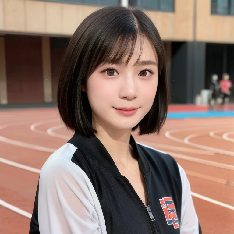 (kawaii 24 year-old Japanese girl, Nogizaka idol, Korean idol), healthy female athlete, (glossy black hair, pixie cut, very short hair, messy hair, wavy hair:1.3), (bangs), (rounded face, single eyelid, no makeup, soft smiling:1.2), (wearing track jackets:1.3), flat chest, (looking at viewer:1.2), BREAK, (track and field background:1.3), (dynamic angle:1.3), BREAK, (masterpiece, best quality, photo realistic, official art:1.4), (UHD, 8K quality wallpaper, high resolution, raw photo, film grain, golden ratio:1.2), (shiny skin), professional lighting, physically based rendering, award winning, (perfect ???????, highly detailed skin textures, extremely detailed face and eyes, well drawn glittering pupils), Carl Zeiss 85 mm F/1.4, depth of field, 1girl, solo,
