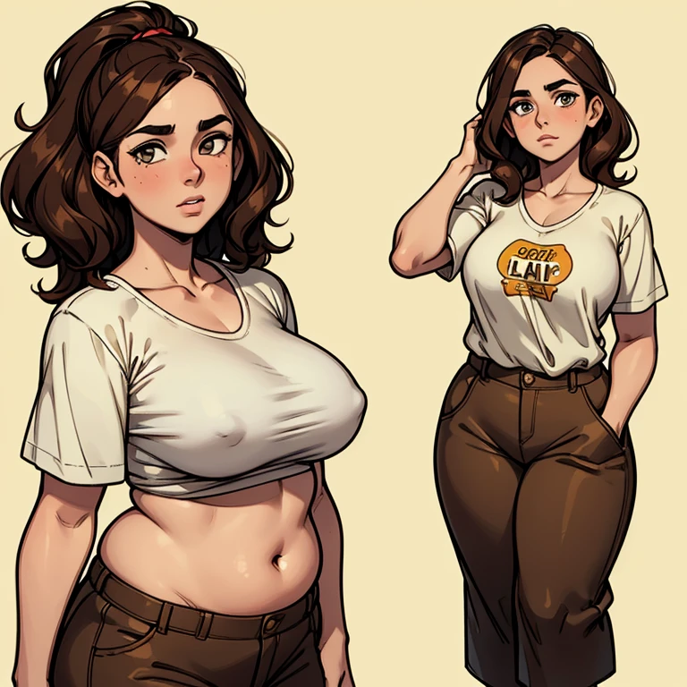 A girl who has honey-colored eyes and short, neck-length, wavy dark brown hair..... He has a somewhat chubby physique, brown skin.. Cara redonda, rasgos tiernos y amables. Lleva una camisa y unos pantalones cortos. bosquejo. sombreado. Encendiendo. Cuerpo completo.