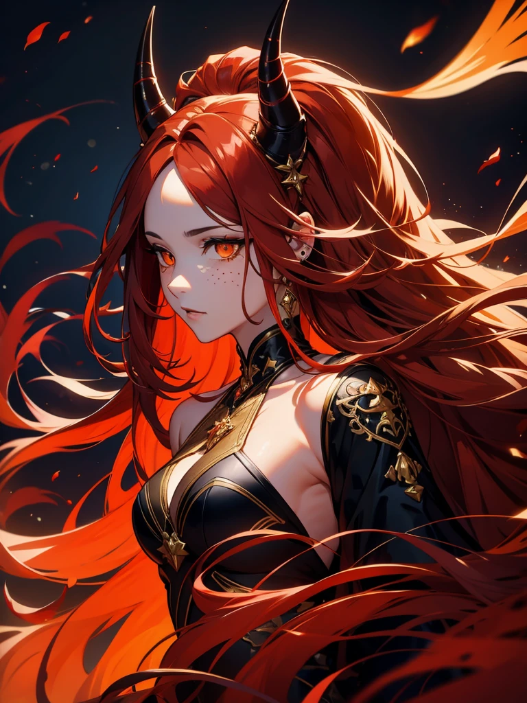 (best quality,4k,highres,masterpiece:1.2),ultra-detailed,realistic:1.37, portraits, (((long flowing red hair))), beautifully fair skin, black outfit, (((piercing orange eyes))), sensual pose, ((subtle black spots, mysterious aura, monochromatic colors)), mature woman, ((black horn))