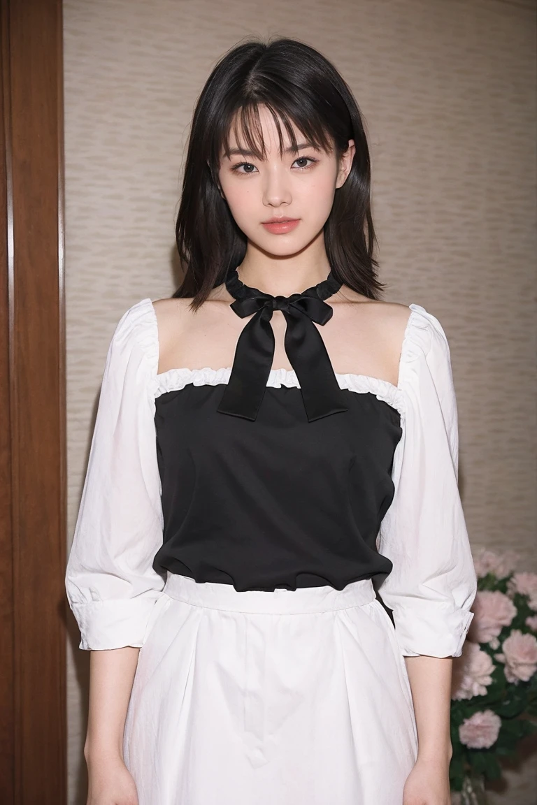 medium view, medium shot, Depth of written boundary, bust, Upper body, cinematic angle, masterpiece, highest quality, Super detailed, cg, 8k wallpaper, beautiful face, delicate eyes, maiden, alone, smile, bangs, skirt, shirt, have, black dress, bow, petal, bouquet