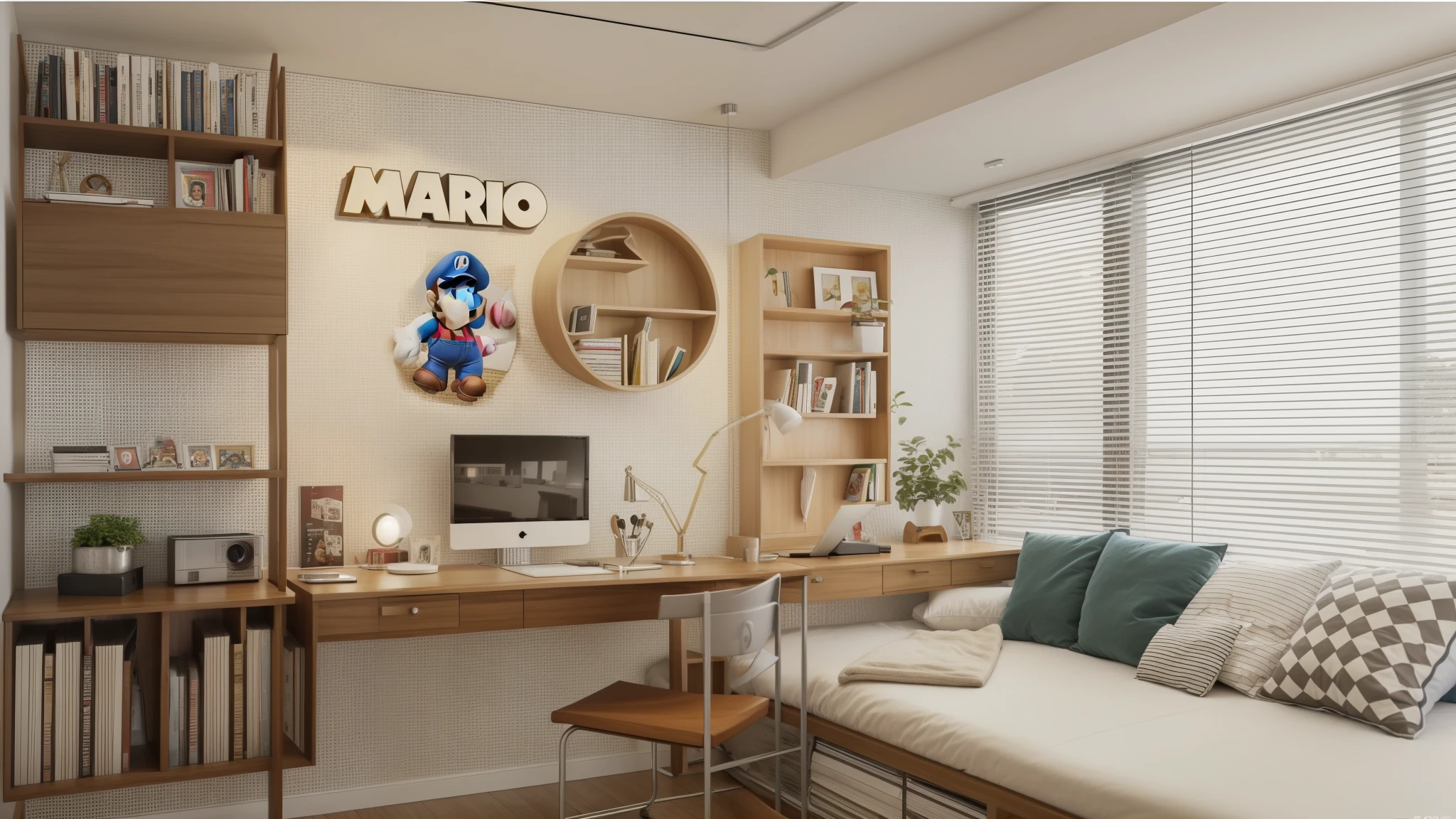 There is a table in the room、A table and a chair, small and cosy student bedroom, Mario theme, Study in the bedroom, gaming room, inspired by Mario Cooper, minimalist work from home, Mario in real life, small room, work from home, Modern and simple, work from home interior, Inspired by Mario Baldi, mario as a real person
