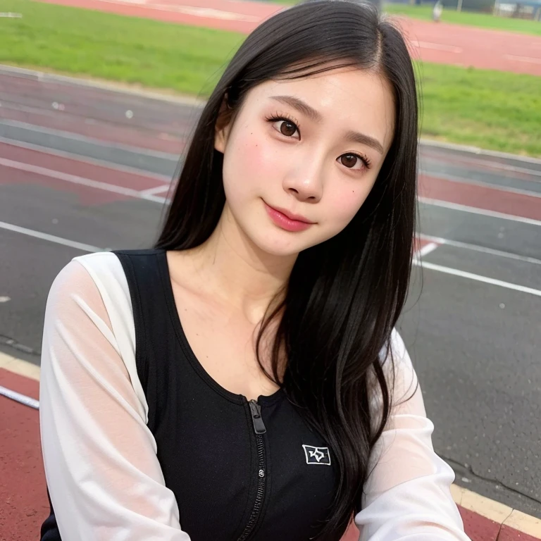 (kawaii 24 year-old Japanese girl, Nogizaka idol, Korean idol), healthy female athlete, (glossy black hair, pixie cut, very short hair, messy hair, wavy hair:1.3), (bangs), (rounded face, single eyelid, no makeup, soft smiling:1.2), (wearing track jackets:1.3), flat chest, (looking at viewer:1.2), BREAK, (track and field background:1.3), (dynamic angle:1.3), BREAK, (masterpiece, best quality, photo realistic, official art:1.4), (UHD, 8K quality wallpaper, high resolution, raw photo, film grain, golden ratio:1.2), (shiny skin), professional lighting, physically based rendering, award winning, (perfect anatomy, highly detailed skin textures, extremely detailed face and eyes, well drawn glittering pupils), Carl Zeiss 85 mm F/1.4, depth of field, 1girl, solo,