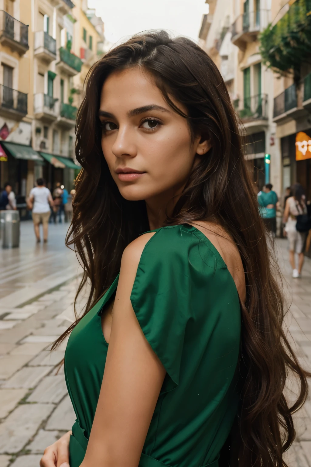 Too beautiful brunette with striking features Spanish Latin with long black hair 33 years old with big bright green eyes, taking a selfie dressed in clothes for the European summer in Spain