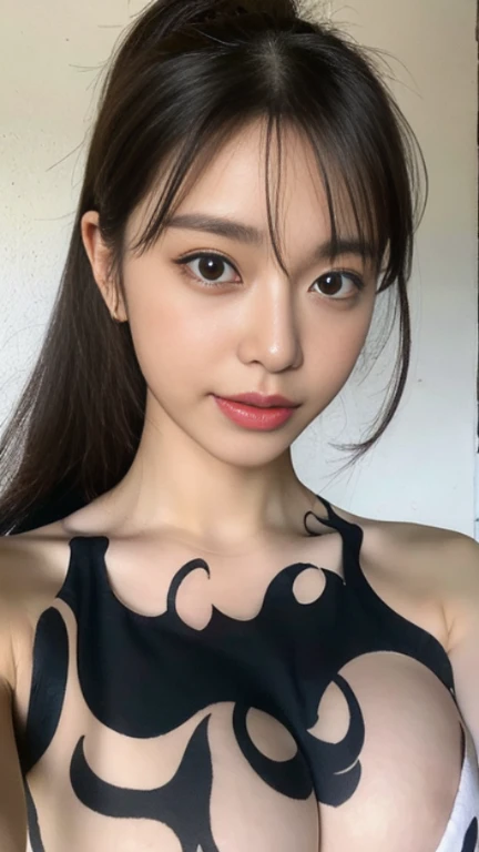 (masterpiece:1.3), (8K, realistic, Raw photo, highest quality: 1.4), ((big boobs:1.3))Japanese people々, (1 girl),25 years old, beautiful face, (realistic face), (black hair, ponytail:1.3), beautiful hairstyle, realistic eyes, beautiful eyes, beautiful eyes, (realistic skin), beautiful skin, Charm, Ultra High resolution, High resolution, close, portrait, golden ratio, detail makeup, look at the beholder, smile, (shoulder look), big breasts,
