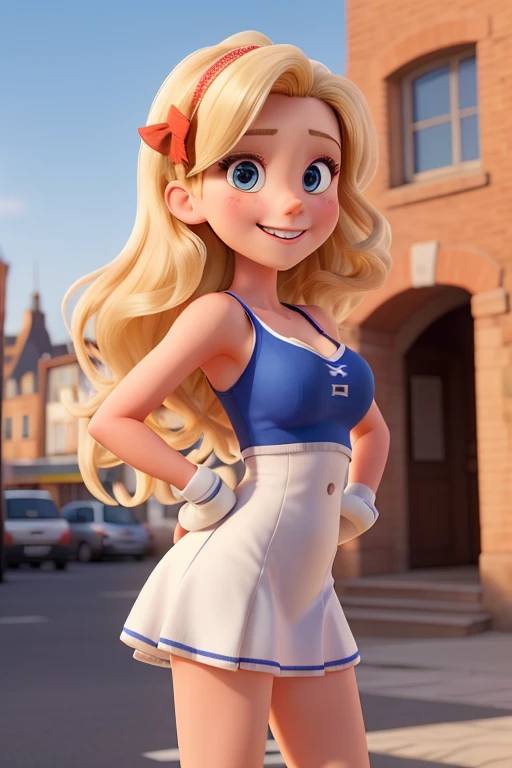 High school cheerleader, solo, female, blonde hair, blue eyes,white body, smiling, big breasts, slim, small waist, small hips, sundress, european city, brick road, hands behind back, happy, looking at viewer, high quality