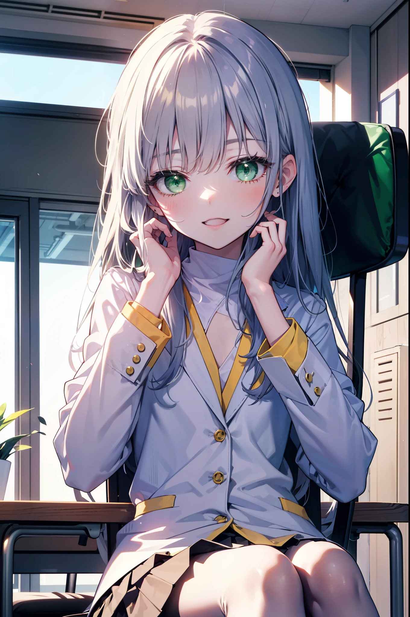 index, index, (green eyes:1.5), silver hair, long hair, (flat chest:1.2),happy smile, smile, open your mouth,White Y-shirt,yellow blazer,White pleated skirt,black pantyhose,brown loafers,sitting cross-legged on a chair,There is a textbook on the desk,daytime,
break looking at viewer, Upper body, whole body,
break indoors, School classroom,
break (masterpiece:1.2), highest quality, High resolution, unity 8k wallpaper, (figure:0.8), (detailed and beautiful eyes:1.6), highly detailed face, perfect lighting, Very detailed CG, (perfect hands, perfect anatomy),