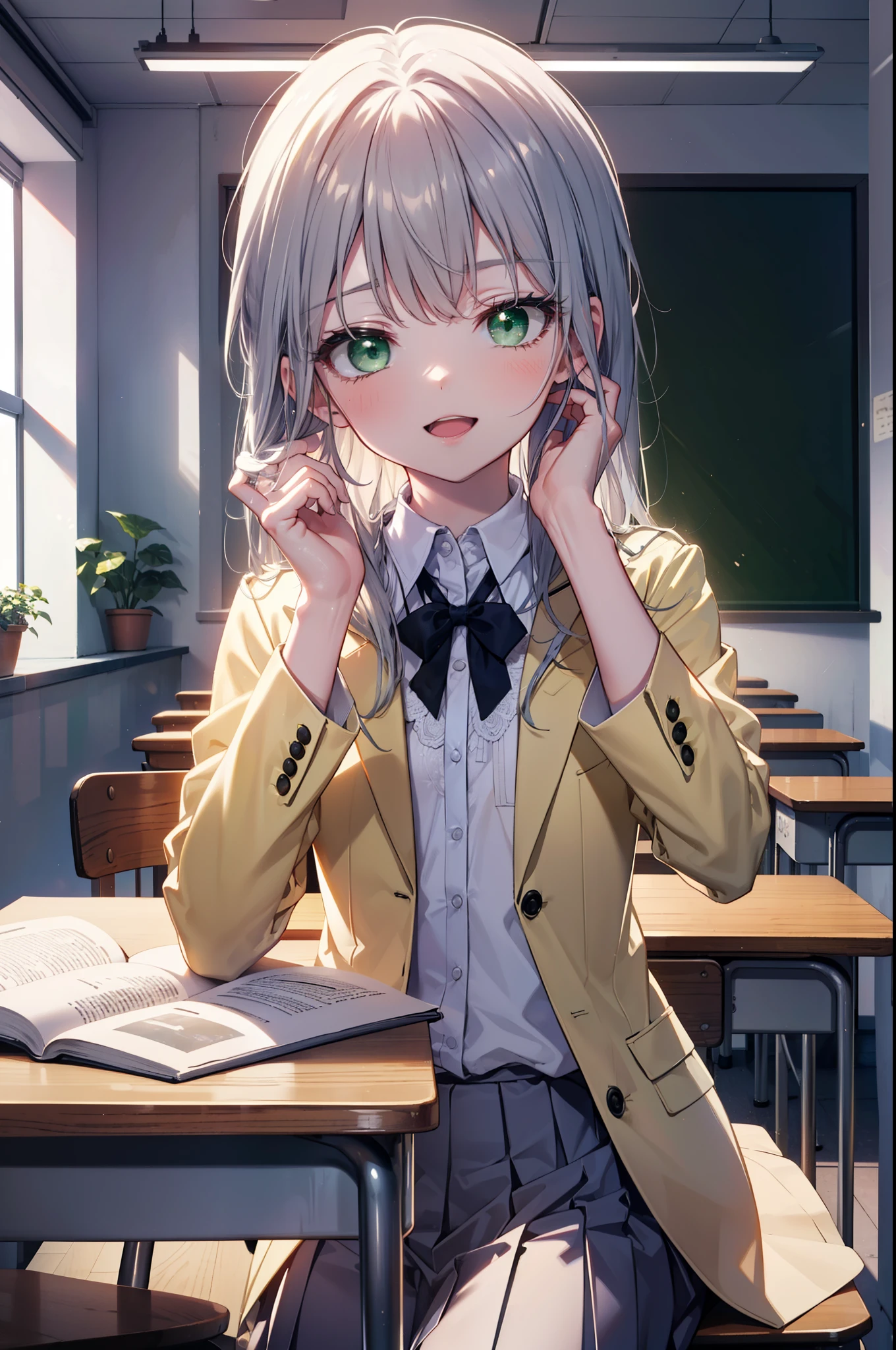 index, index, (green eyes:1.5), silver hair, long hair, (flat chest:1.2),happy smile, smile, open your mouth,White Y-shirt,yellow blazer,White pleated skirt,black pantyhose,brown loafers,sitting cross-legged on a chair,There is a textbook on the desk,daytime,
break looking at viewer, Upper body, whole body,
break indoors, School classroom,
break (masterpiece:1.2), highest quality, High resolution, unity 8k wallpaper, (figure:0.8), (detailed and beautiful eyes:1.6), highly detailed face, perfect lighting, Very detailed CG, (perfect hands, perfect anatomy),