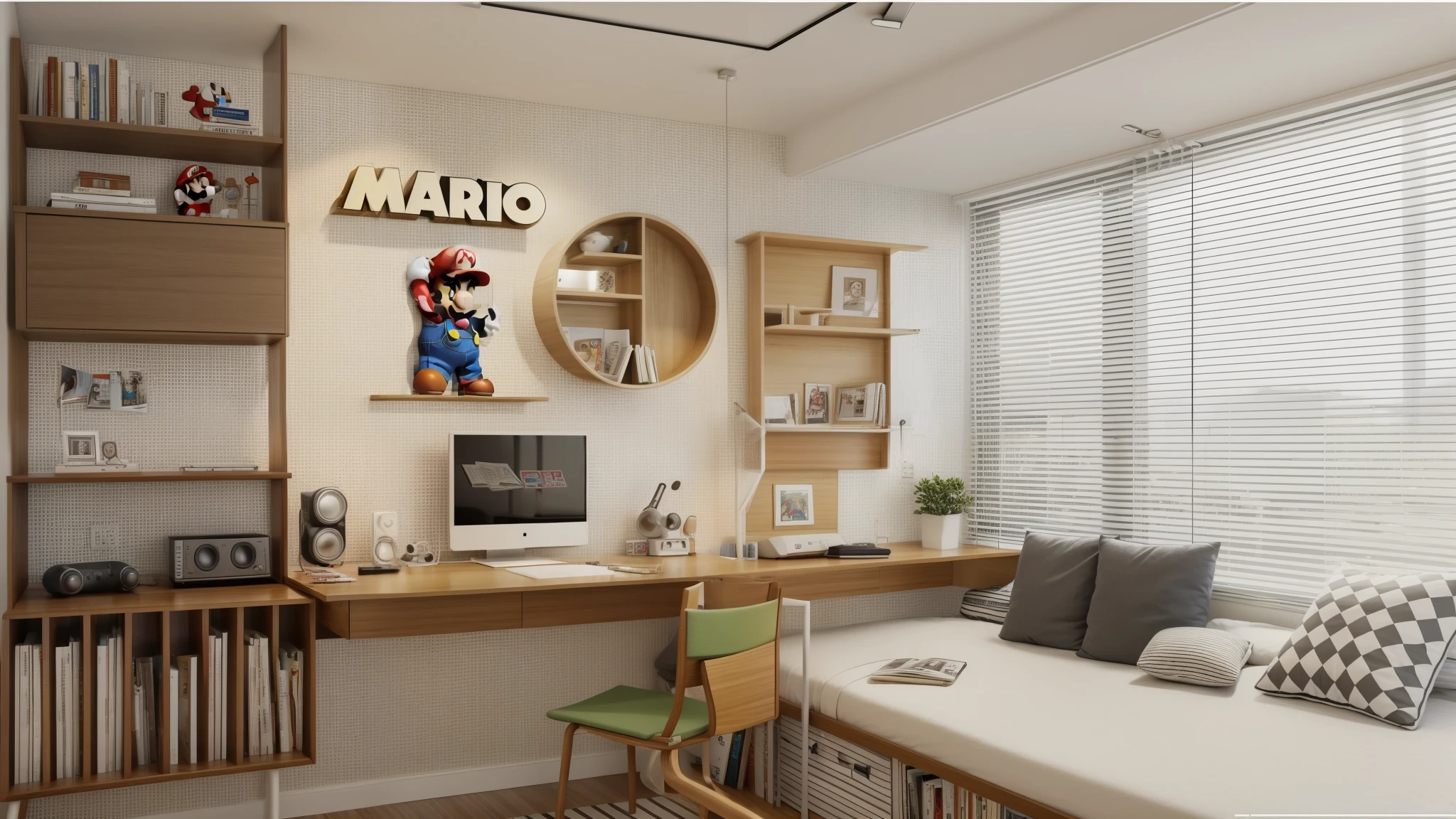 There is a table in the room、A table and a chair, small and cosy student bedroom, Mario theme, Study in the bedroom, gaming room, inspired by Mario Cooper, minimalist work from home, Mario in real life, small room, work from home, Modern and simple, work from home interior, Inspired by Mario Baldi, mario as a real person