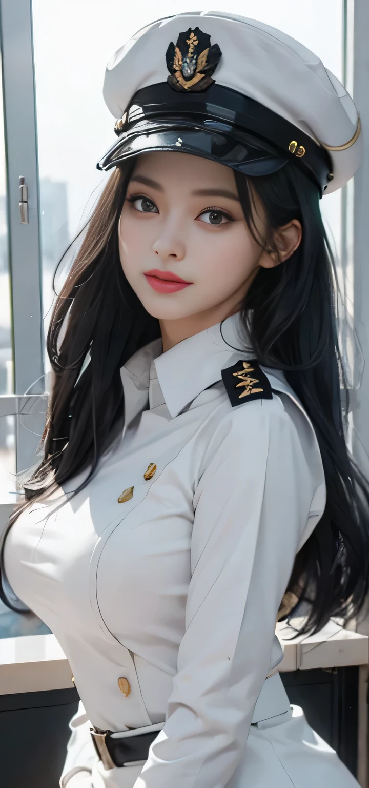 1 girl, top-quality, medium breasts beautiful, , On a warship, masterpiece, White Navy Uniform, Long Black Hair,With military cap,Eyes are sharp with an affectionate look,A sweet smile,battle posture,(((full armor:1.8))),white colors,(((facial detailing:1.2))),long legged