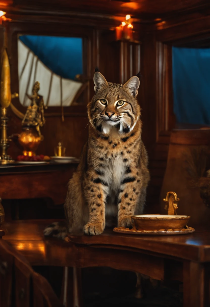 Bobcat, on pirate ship, at the dining room table.