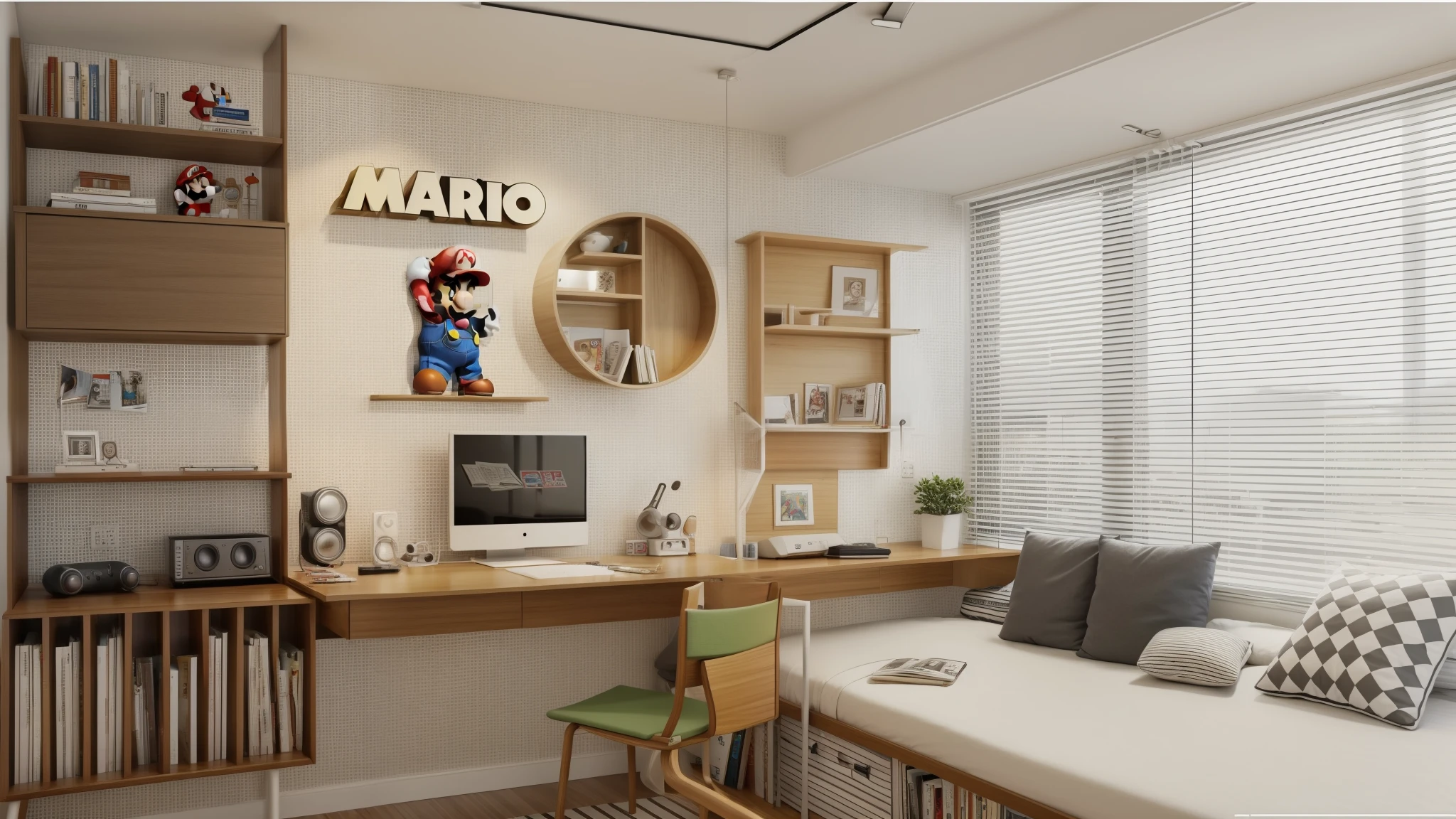 There is a table in the room、A table and a chair, small and cosy student bedroom, Mario theme, Study in the bedroom, gaming room, inspired by Mario Cooper, minimalist work from home, Mario in real life, small room, work from home, Modern and simple, work from home interior, Inspired by Mario Baldi, mario as a real person