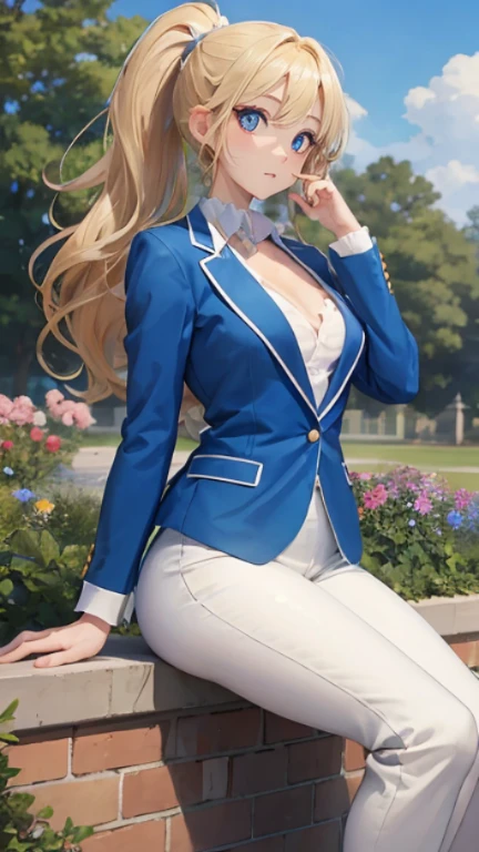 (masterpiece:1.2), (highest quality:1.2),, Curvy but slender body, perfect eyes, perfect face, perfect lighting, 1 girl, in the garden, (blazer),(I can see your feet),(career woman),(long pants),(suit),(ponytail),curly hair, fine clothes, detailed outdoor background, compensate, eye shadow, thick eyelashes, fantasy, looking at the viewer, whole body,alice in wonderland、blue sky、Bright and beautiful face、young shiny glossy white shiny skin、the best beauty、the most beautiful bright blonde hair in the world、thin hair、long hair、Shining beautiful bangs、big shining blue eyes、very beautiful and nice 18 years old, the most beautiful girl in the world、small breasts