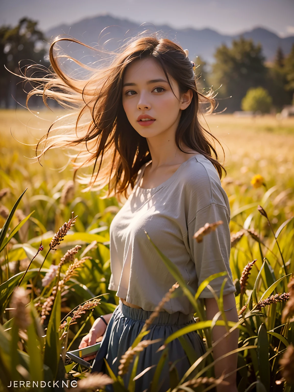 Portrait of a cute woman in a bright windy field, river, (Backlight), realistic, masterpiece, highest quality, Lens flare, shade, bloom, [[chromatic aberration]], Written by Jeremy Lipking, Written by Antonio J.. Manzanedo, digital painting, Style - Glass Final, natural skin texture