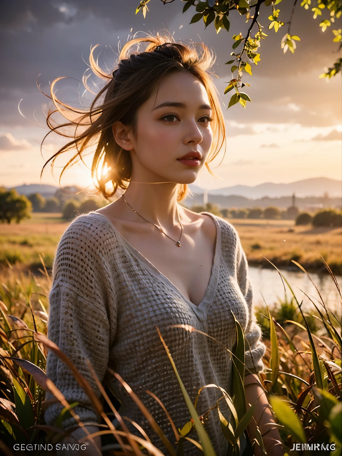 Portrait of a cute woman in a bright windy field, river, (Backlight), realistic, masterpiece, highest quality, Lens flare, shade, bloom, [[chromatic aberration]], Written by Jeremy Lipking, Written by Antonio J.. Manzanedo, digital painting, Style - Glass Final, natural skin texture