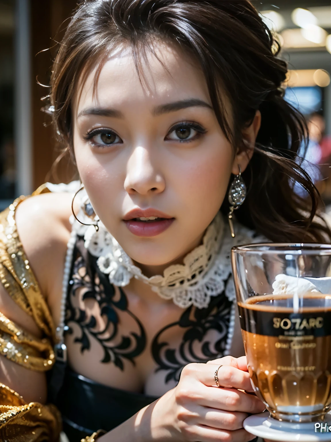 (best quality,8K,masterpiece:1.2),(realistic,photorealistic,photo-realistic:1.37),elegant style,beautiful woman,craving for coffee,coffee cup,Indonesian woman style,beautiful fair skin,detailed beautiful eyes,medium hair,wearing a wristwatch