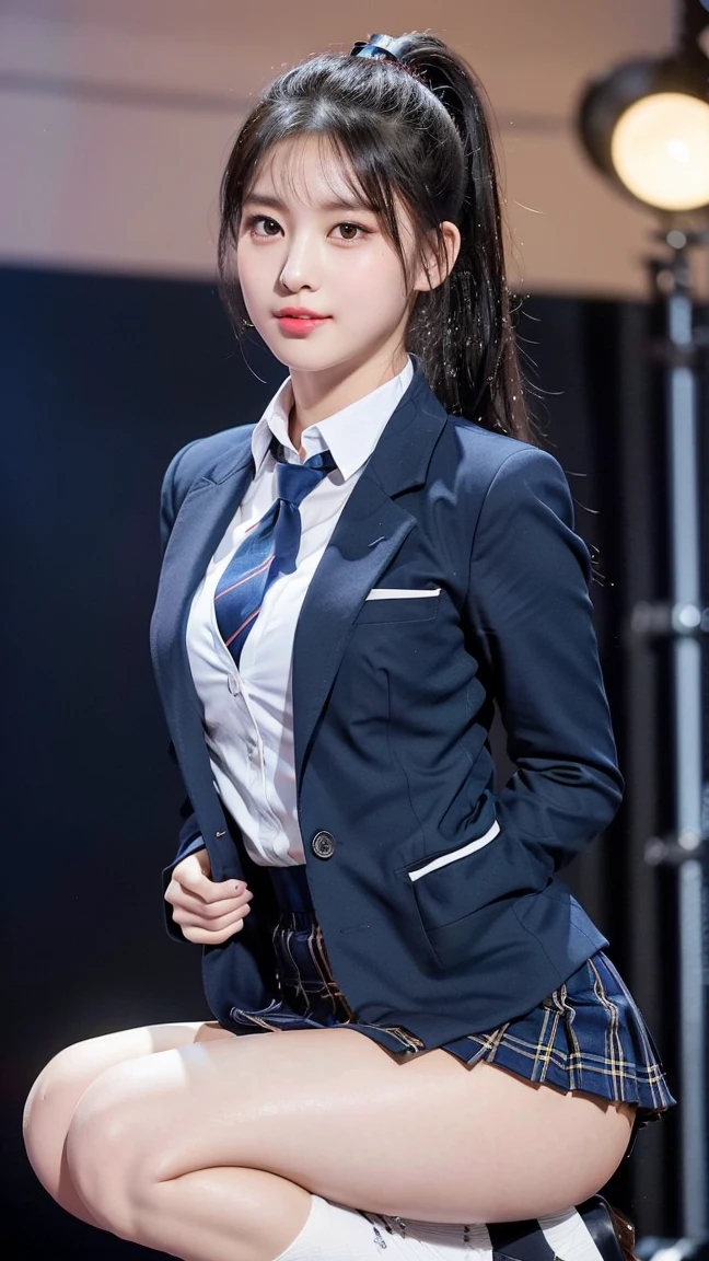(8K), (highest quality: 1.2), (realistic), (realistic: 1.47), ultra high resolution, 1 girl, cute, smile, closed mouth, (thick lips:1.2),red lip,(Purse your mouth),beautiful details, beautiful nose,(Straight shiny black hair),(With a black ribbon on her head),(ponytail hair),Crouching on the concert stage,hold the microphone in your right hand,Bend your elbows and raise your hands,(University Student Uniform,A simple navy blue blazer,white satin shirt,tie,Tartan check pleated skirt,Blue knee-high socks:1.2),(Close up on wet thighs:1.2),(knees),(super low angle:1.3),(medium shot),(shot from behind)