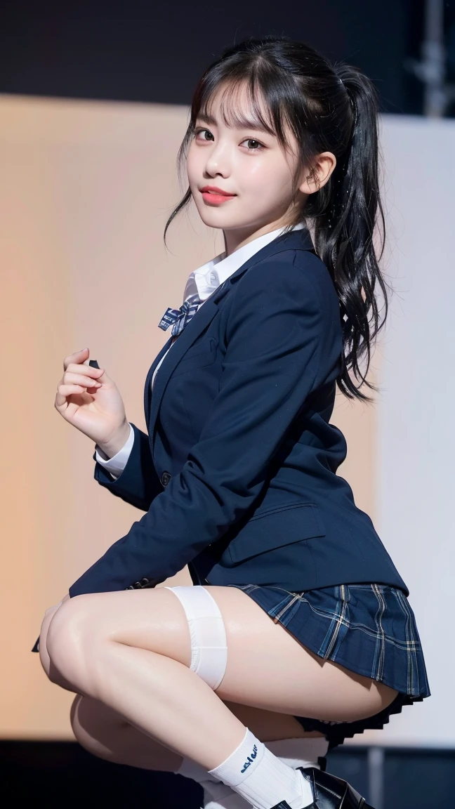 (8K), (highest quality: 1.2), (realistic), (realistic: 1.47), ultra high resolution, 1 girl, cute, smile, closed mouth, (thick lips:1.2),red lip,(Purse your mouth),beautiful details, beautiful nose,(Straight shiny black hair),(With a black ribbon on her head),(ponytail hair),Crouching on the concert stage,hold the microphone in your right hand,Bend your elbows and raise your hands,(University Student Uniform,A simple navy blue blazer,white satin shirt,tie,Tartan check pleated skirt,Blue knee-high socks:1.2),(Close up on wet thighs:1.2),(knees),(super low angle:1.3),(medium shot),(shot from behind)