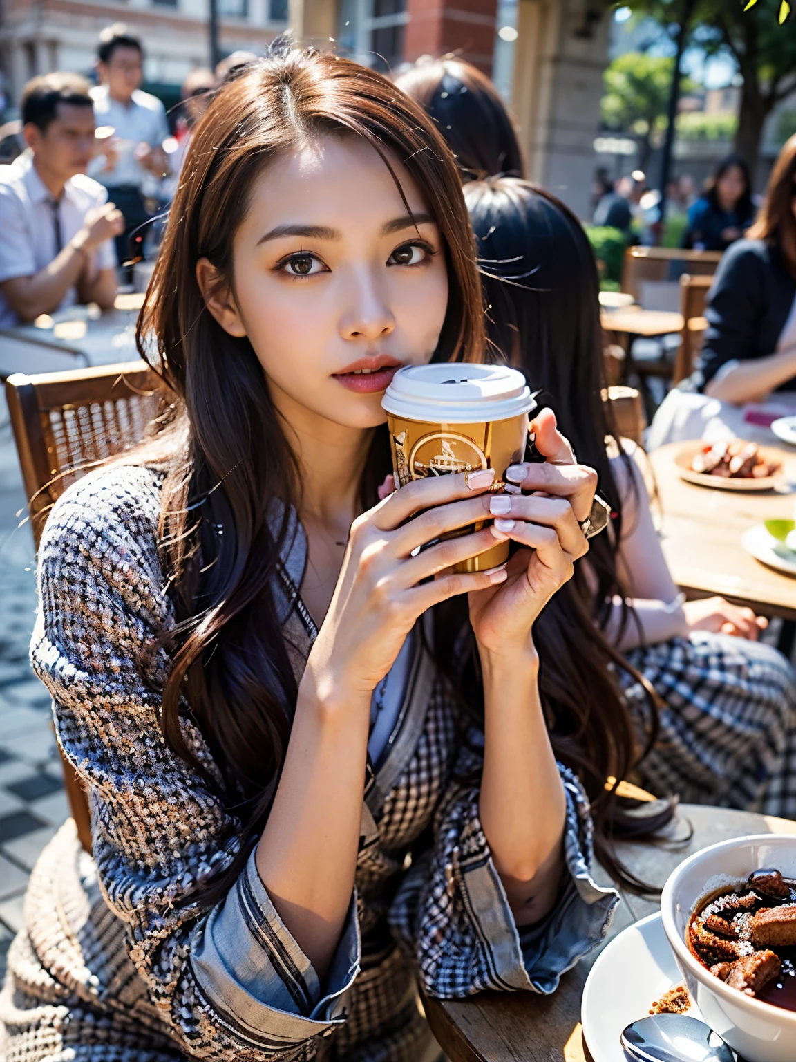 (best quality,8K,masterpiece:1.2),(realistic,photorealistic,photo-realistic:1.37),elegant style,beautiful woman,craving for coffee,coffee cup,Indonesian woman style,beautiful fair skin,detailed beautiful eyes,medium hair,wearing a wristwatch
