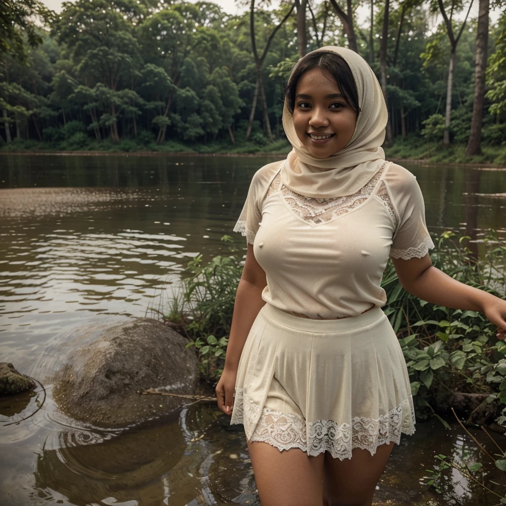 A 18 years old Indonesian woman in cream color hijab, wearing cream color lace tight t-shirt, wearing very short see-through cream color lace skirt, skirtlift, villager, poor woman, dark skin, curvy body, short body, smiling and standing by a lake in a dark forest, look to the viewer with eye close