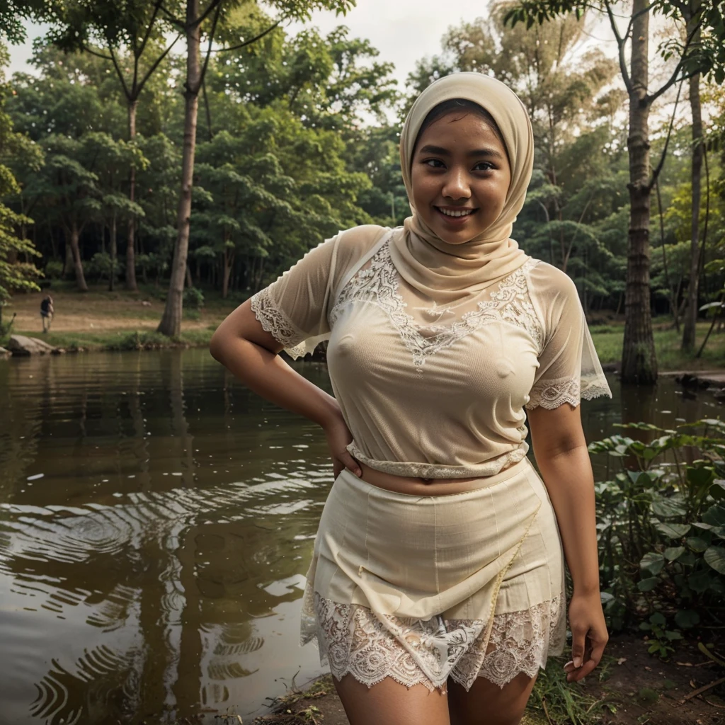 A 18 years old Indonesian woman in cream color hijab, wearing cream color lace tight t-shirt, wearing very short see-through cream color lace skirt, skirtlift, villager, poor woman, dark skin, curvy body, short body, smiling and standing by a lake in a dark forest, look to the viewer with eye close