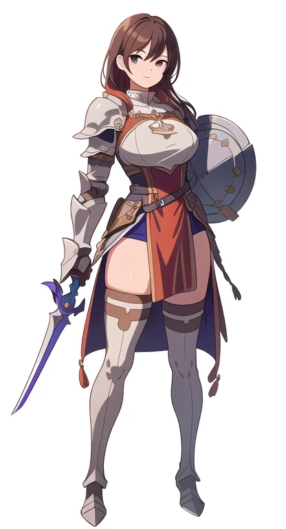 (((Best Quality))) , ((full body)), female, reference sheet, solo, (white background), holding weapon, cloak, gauntlets, holding shield, leotard, armored dress, waist armor, loincloth, pelvic curtain, blue, orange, green, violet, brown, white, thigh high,